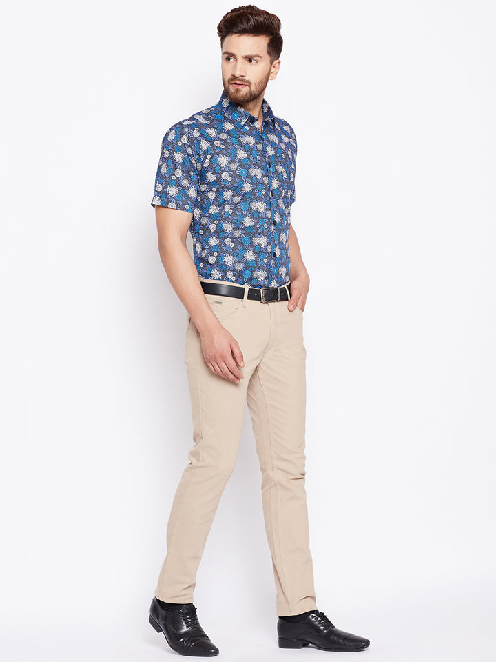 Men Floral Printed Blue Half Sleeve Pure Cotton Slim Fit Formal Shirt