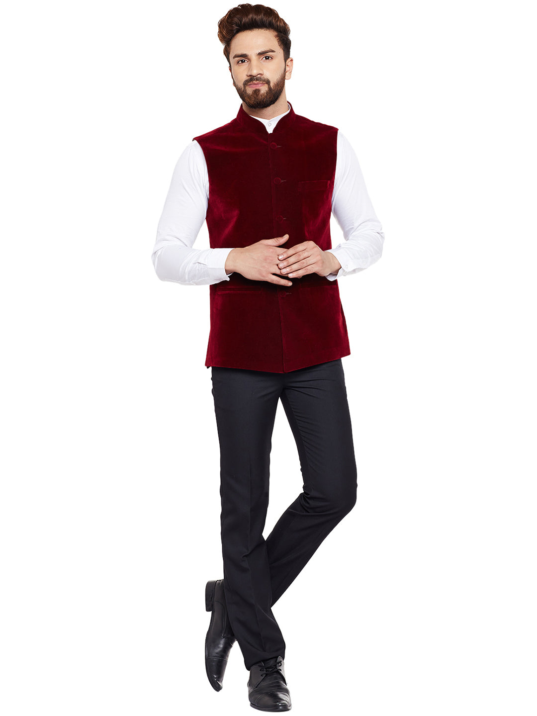 Men Maroon Solid Velvet Slim Fit Party Wear Nehru Jacket