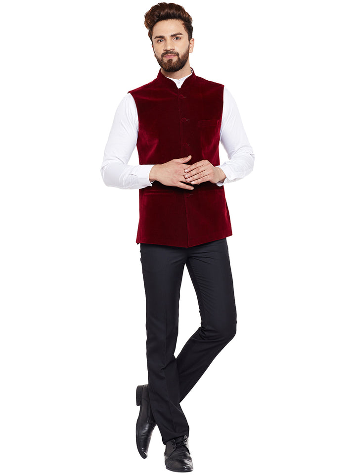 Men Maroon Solid Velvet Slim Fit Party Wear Nehru Jacket