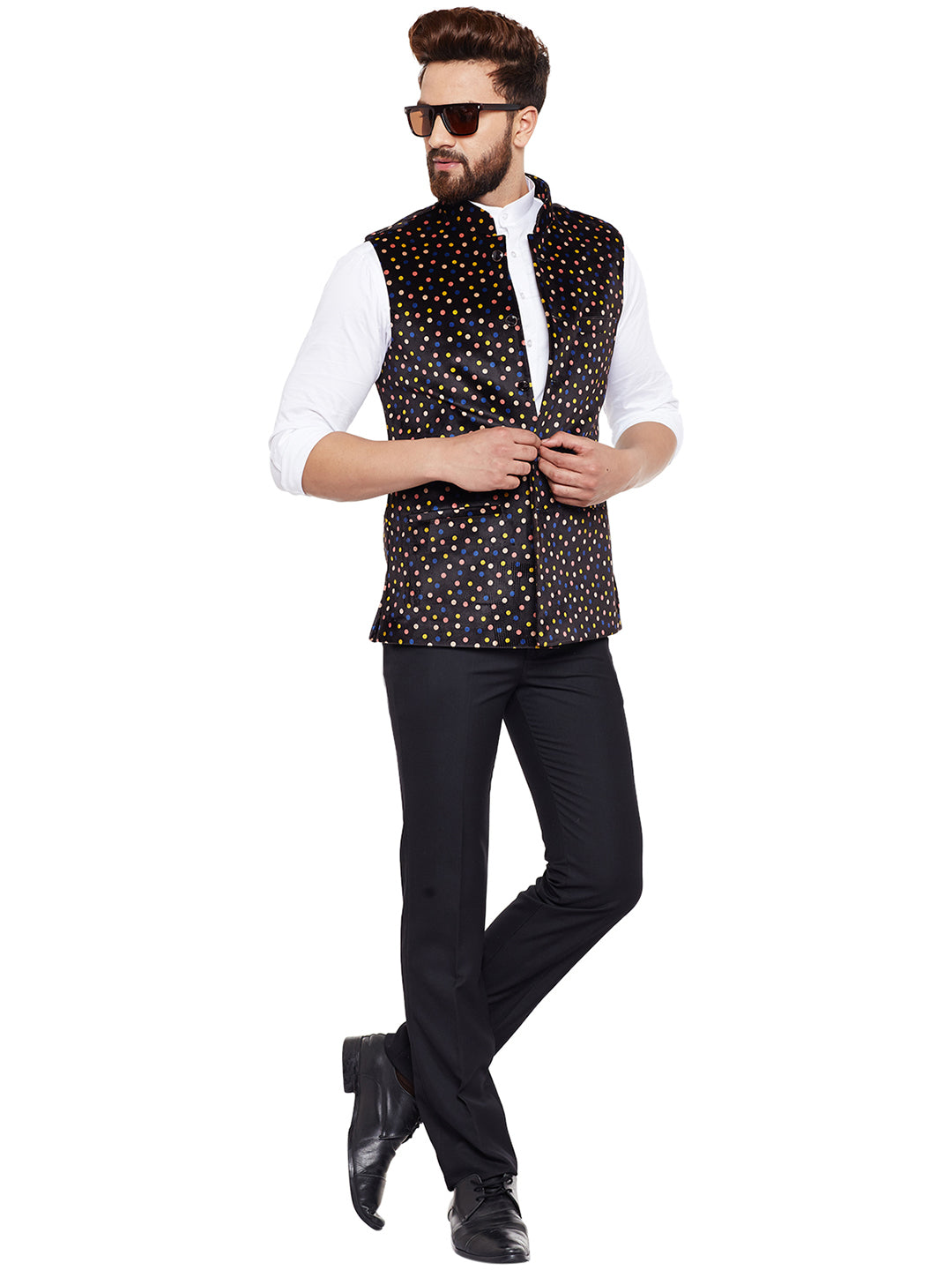 Men Black Printed Velvet Slim Fit Party Wear Nehru Jacket