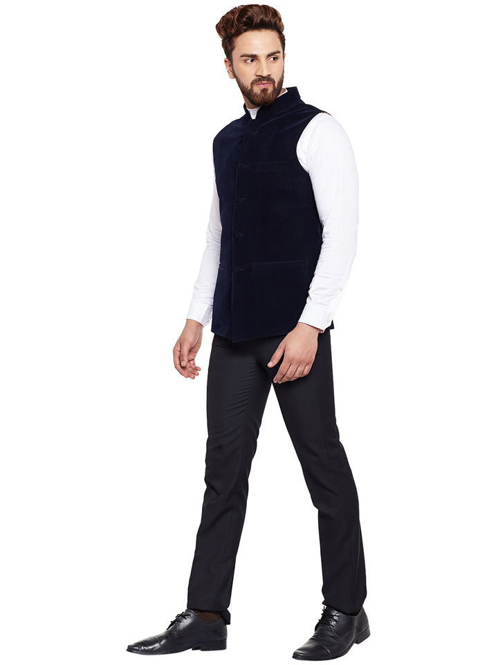 Men Navy Solid Velvet Slim Fit Party Wear Nehru Jacket