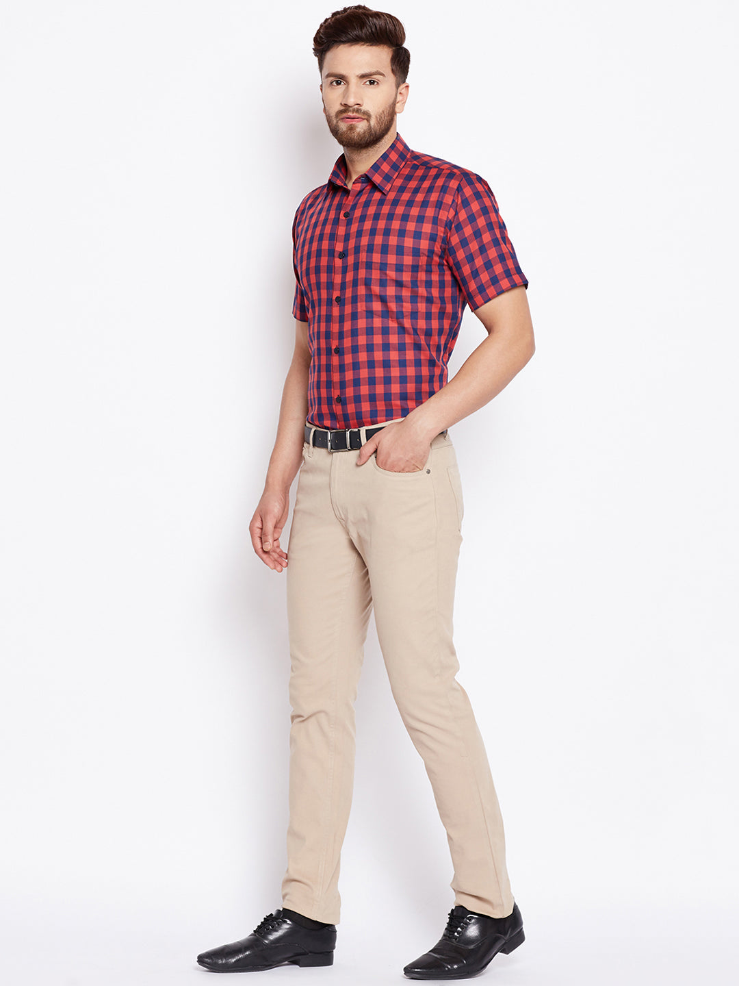 Men Navy & Red Checked Slim Fit Pure Cotton Formal Shirt