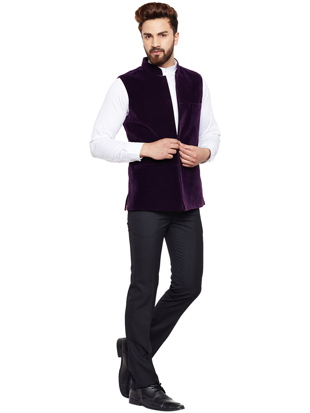 Men Wine Solid Velvet Slim Fit Party Wear Nehru Jacket