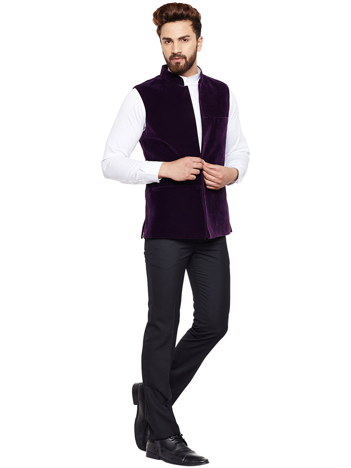 Men Wine Solid Velvet Slim Fit Party Wear Nehru Jacket