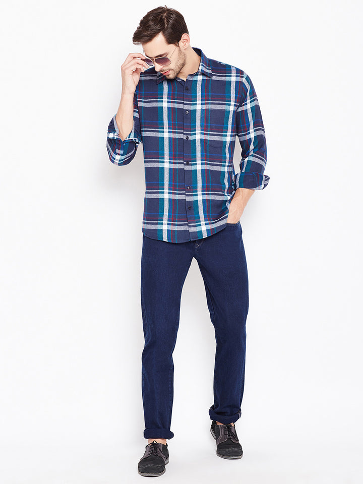 Men Blue Checked Pure Cotton Slim Fit Casual Shirt