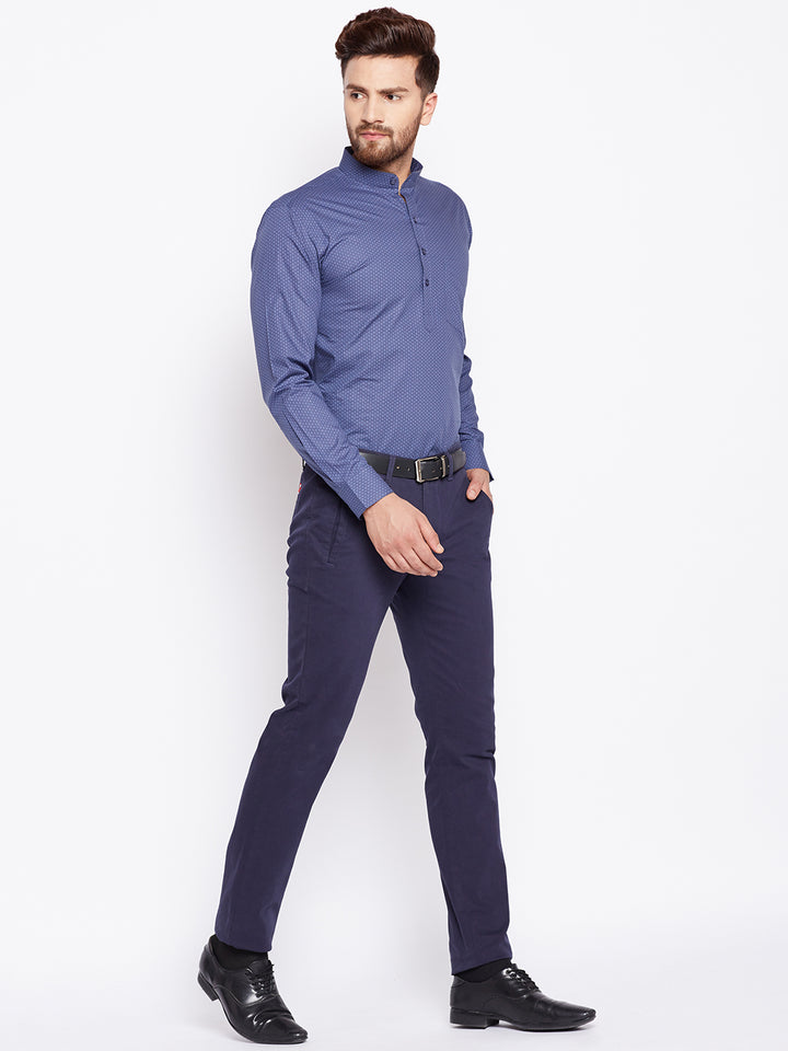 Men Mandarin Collar Printed Grey Half Placket Pure Cotton Henley Formal Shirt