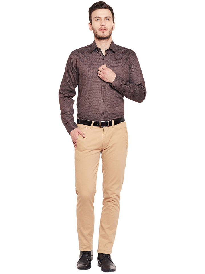 Men Brown Printed Pure Cotton Slim Fit Formal Shirt