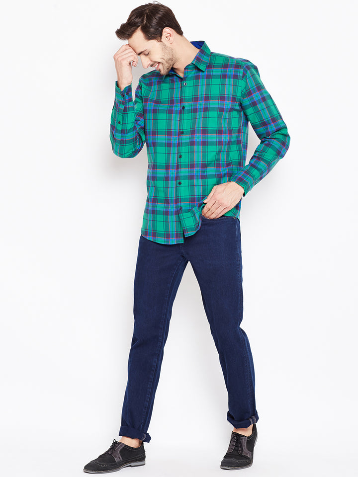 Men Green Checked Pure Cotton Slim Fit Casual Shirt