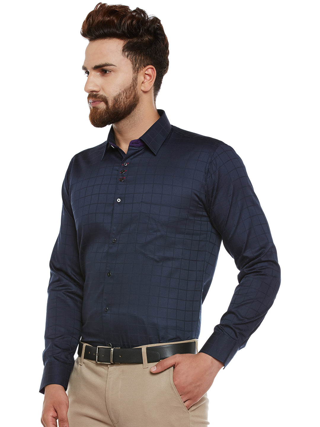 Men Navy Self Design Pure Cotton Slim Fit Formal Shirt