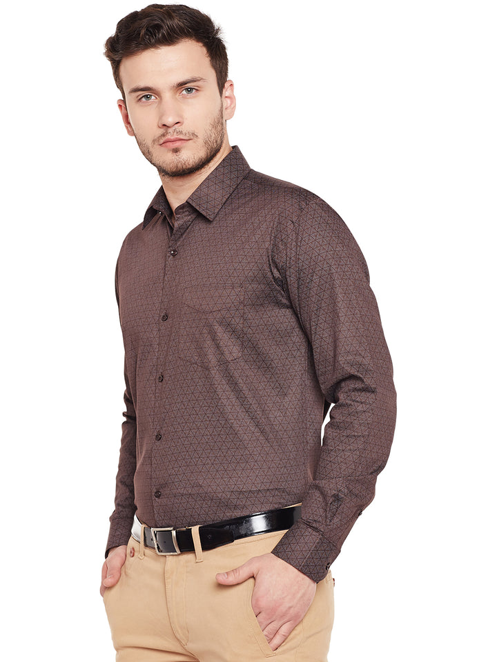 Men Brown Printed Pure Cotton Slim Fit Formal Shirt