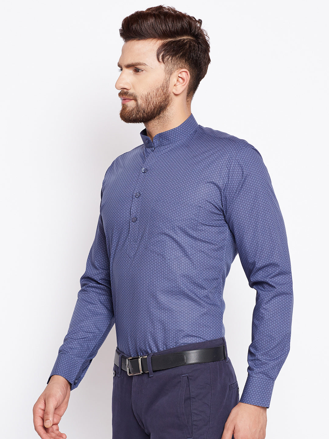 Men Mandarin Collar Printed Grey Half Placket Pure Cotton Henley Formal Shirt
