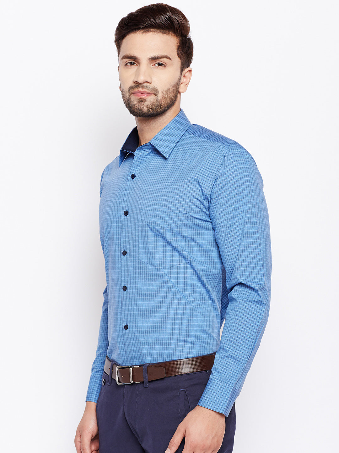 Men Turquoise Blue Checked Slim Fit Pure Cotton Formal Shirt