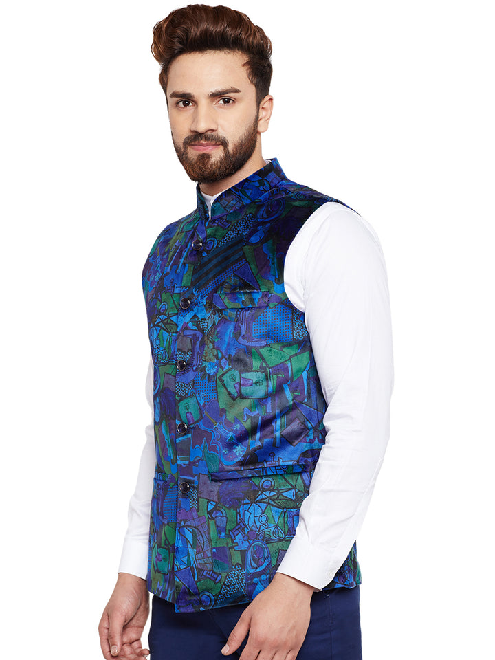 Men Blue Printed Velvet Slim Fit Party Wear Nehru Jacket