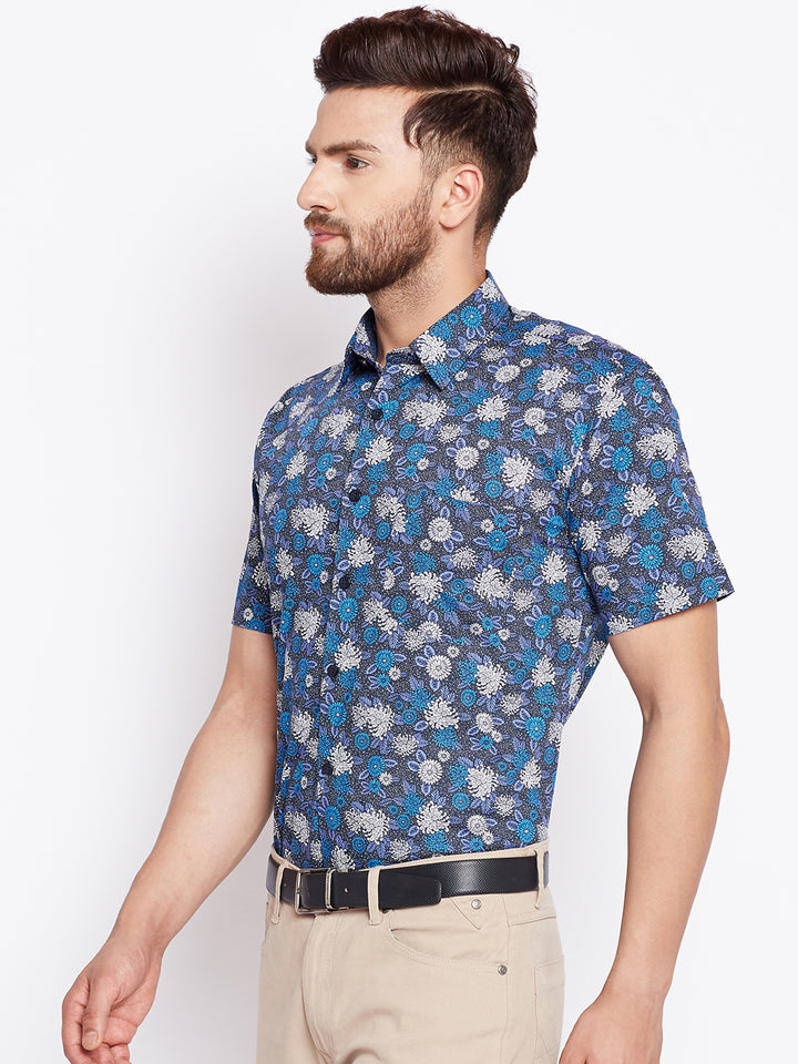 Men Floral Printed Blue Half Sleeve Pure Cotton Slim Fit Formal Shirt