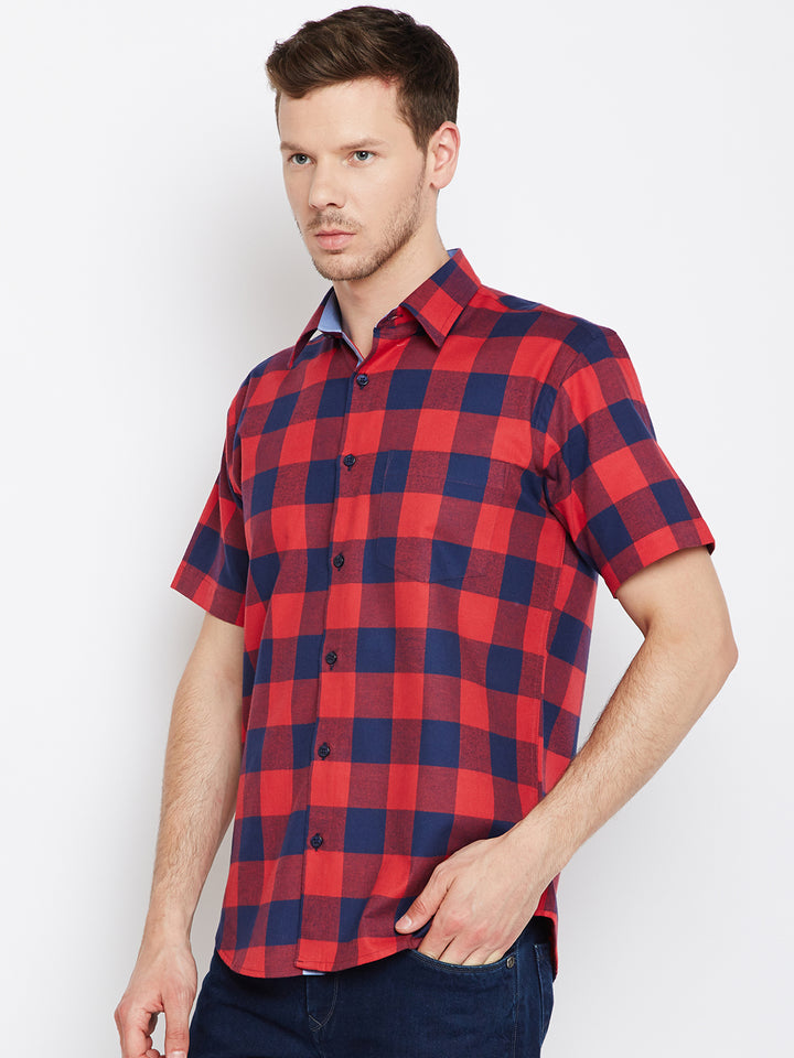 Men Navy &  Red Pure Cotton Checked Slim Fit Casual Shirt