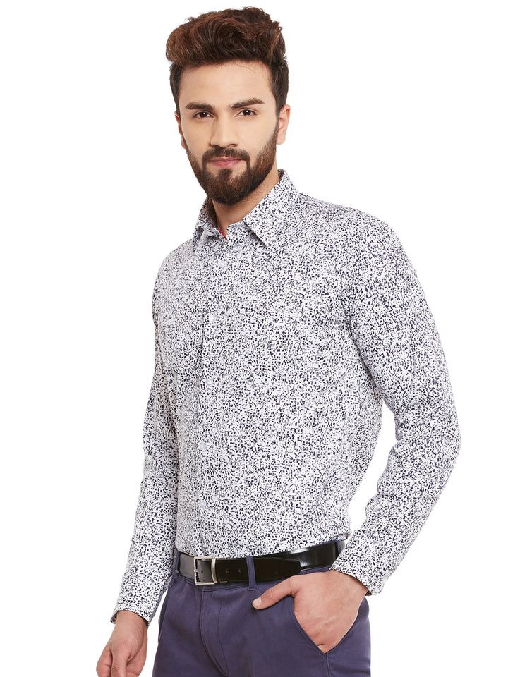 Men White Printed Pure Cotton Slim Fit Formal Shirt