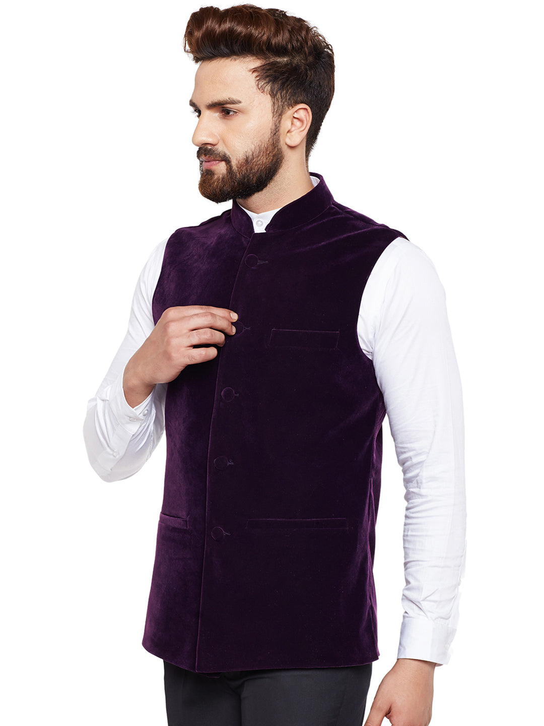 Men Wine Solid Velvet Slim Fit Party Wear Nehru Jacket