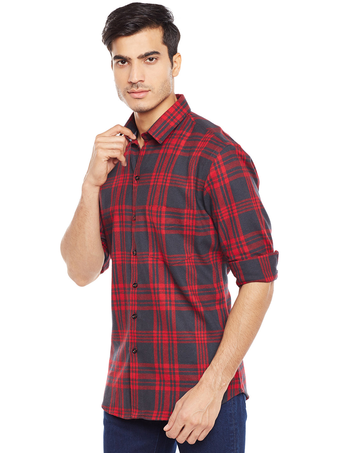 Men Red Checked Pure Cotton Slim Fit Casual Shirt