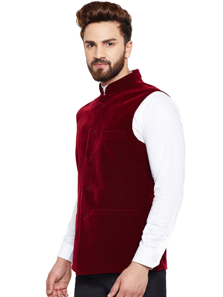 Men Maroon Solid Velvet Slim Fit Party Wear Nehru Jacket
