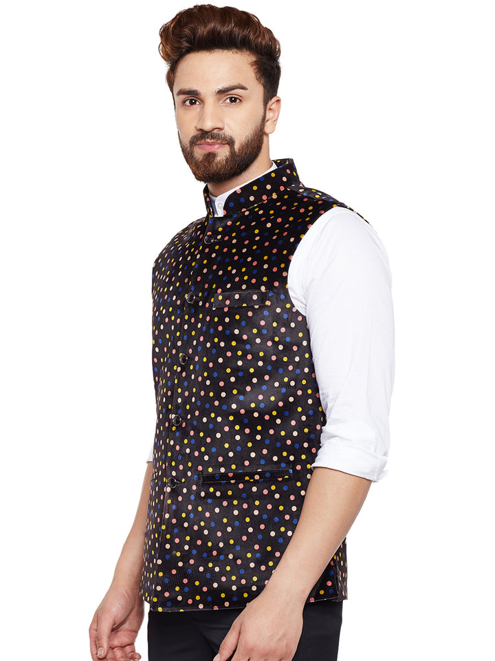 Men Black Printed Velvet Slim Fit Party Wear Nehru Jacket