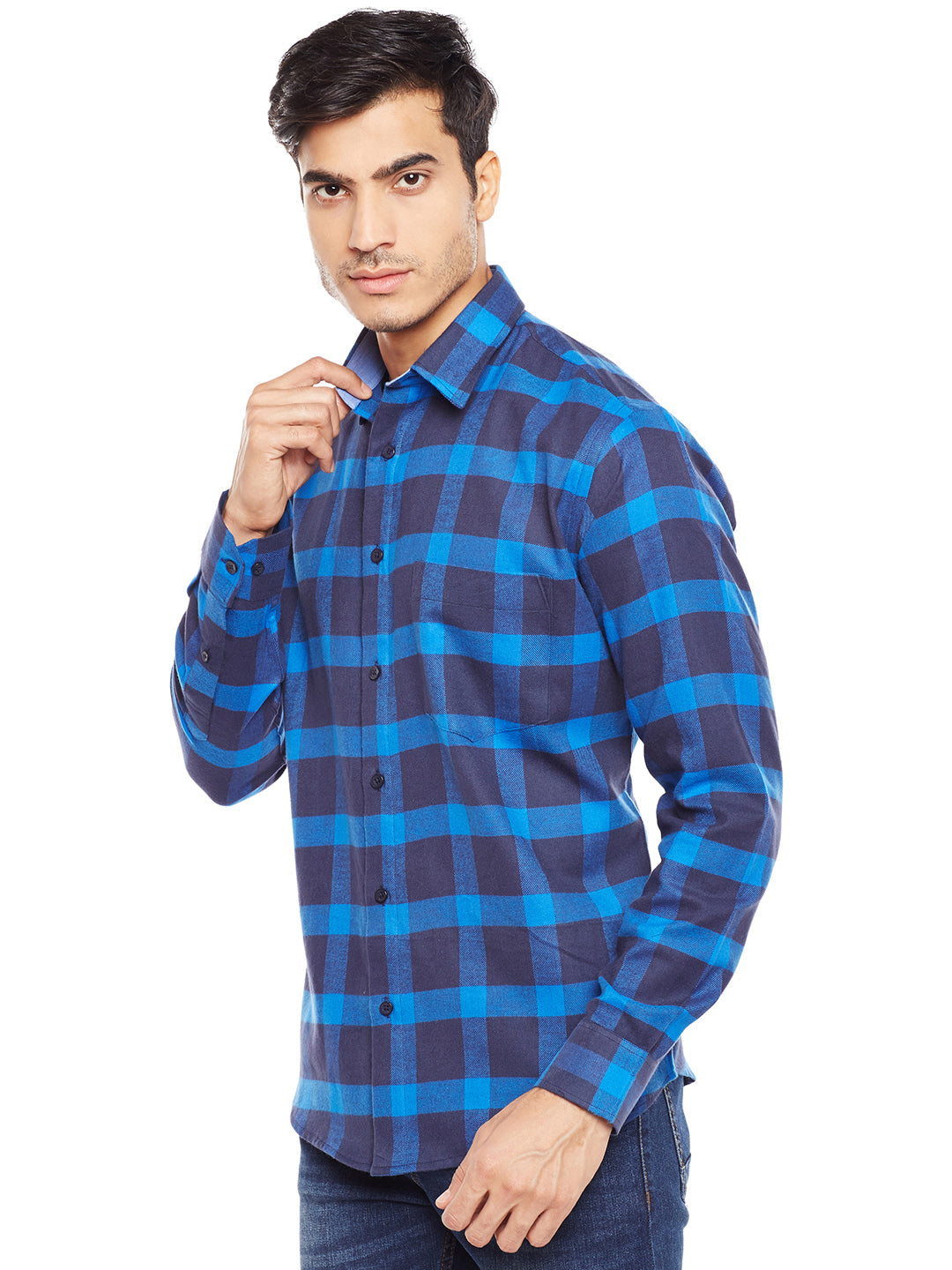 Men NavyBlue Checked Pure Cotton Slim Fit Casual Shirt
