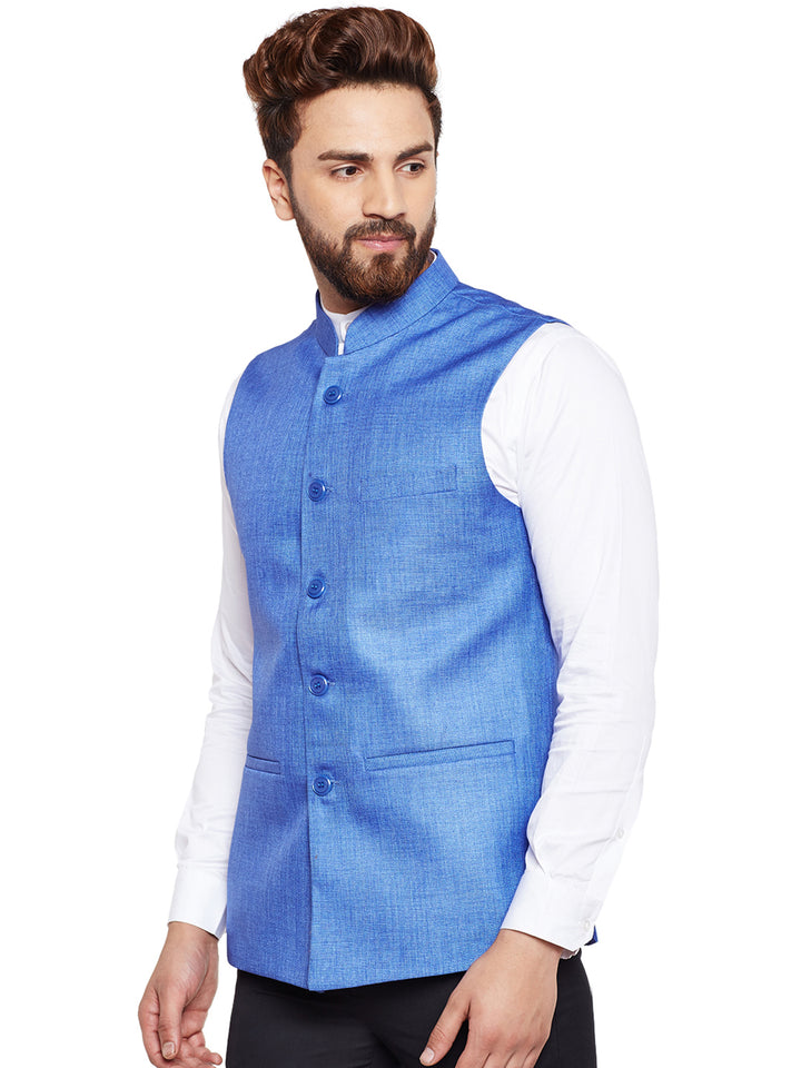 Men Blue Solid Slim Fit Formal Nehru Jacket