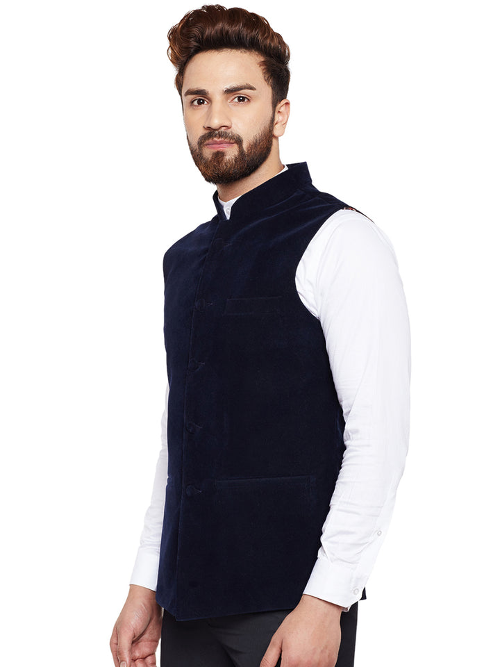Men Navy Solid Velvet Slim Fit Party Wear Nehru Jacket