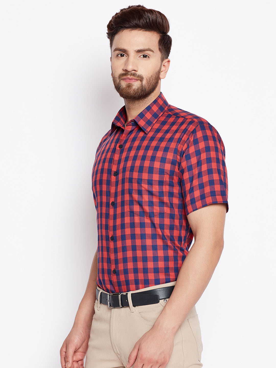 Men Navy & Red Checked Slim Fit Pure Cotton Formal Shirt