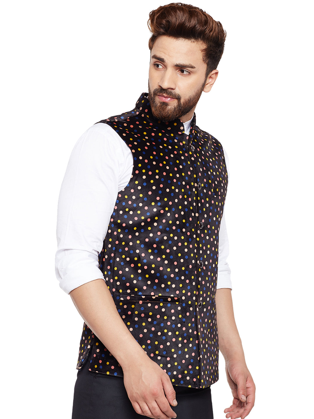 Men Black Printed Velvet Slim Fit Party Wear Nehru Jacket