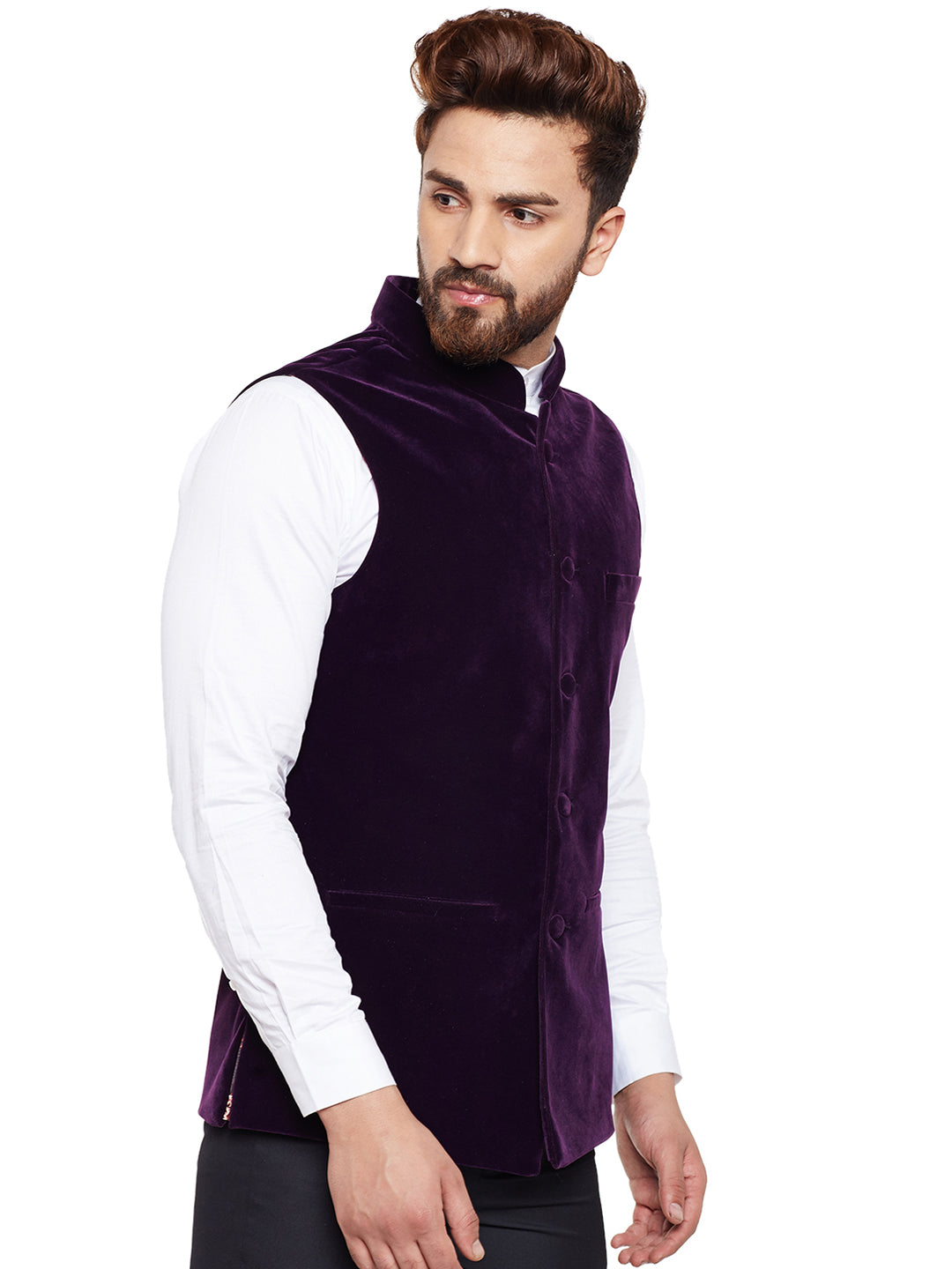 Men Wine Solid Velvet Slim Fit Party Wear Nehru Jacket
