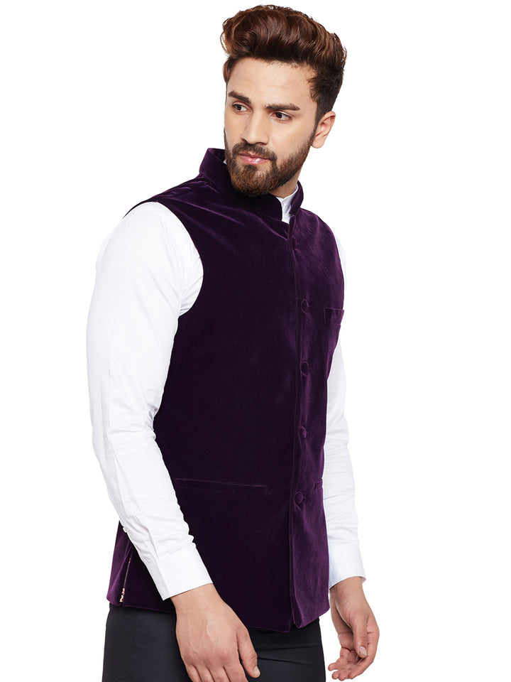 Men Wine Solid Velvet Slim Fit Party Wear Nehru Jacket