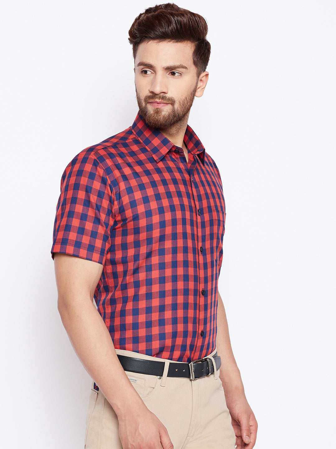 Men Navy & Red Checked Slim Fit Pure Cotton Formal Shirt