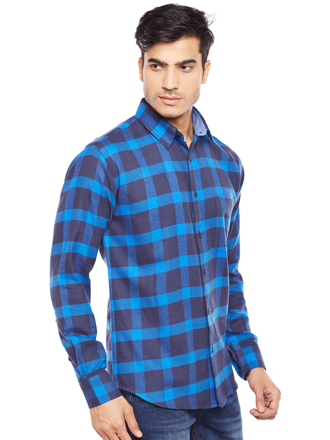 Men NavyBlue Checked Pure Cotton Slim Fit Casual Shirt