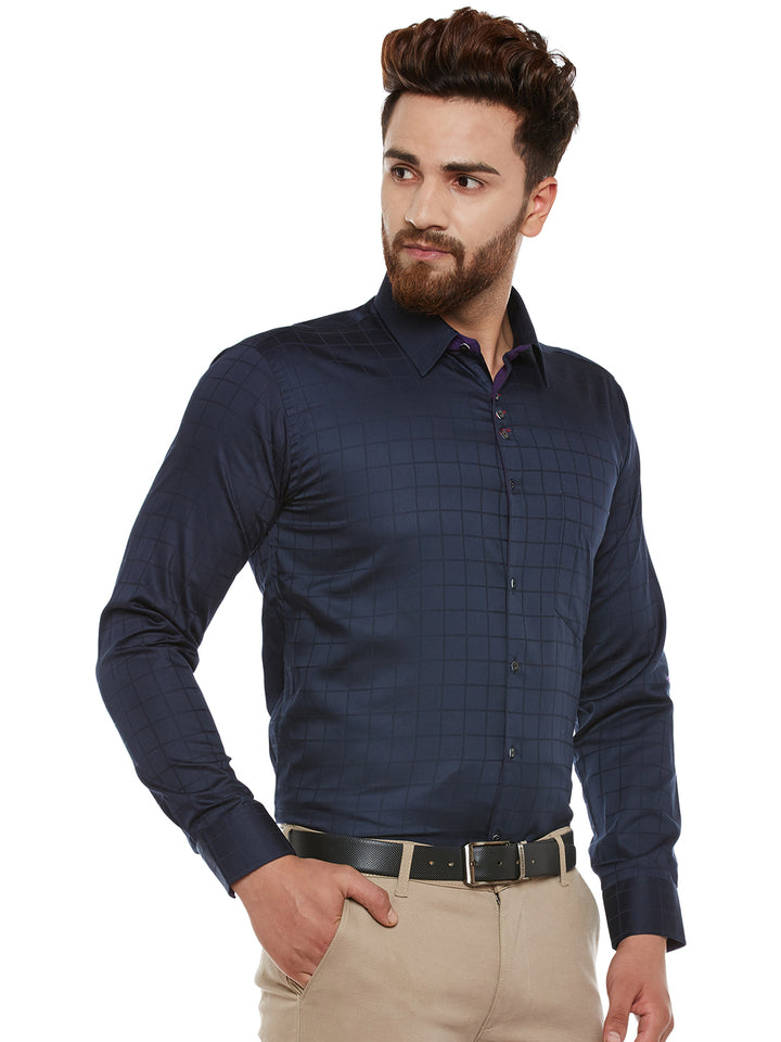 Men Navy Self Design Pure Cotton Slim Fit Formal Shirt