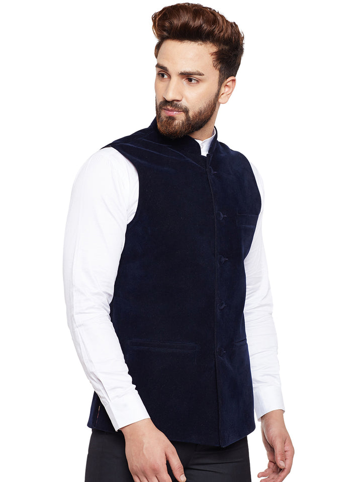 Men Navy Solid Velvet Slim Fit Party Wear Nehru Jacket