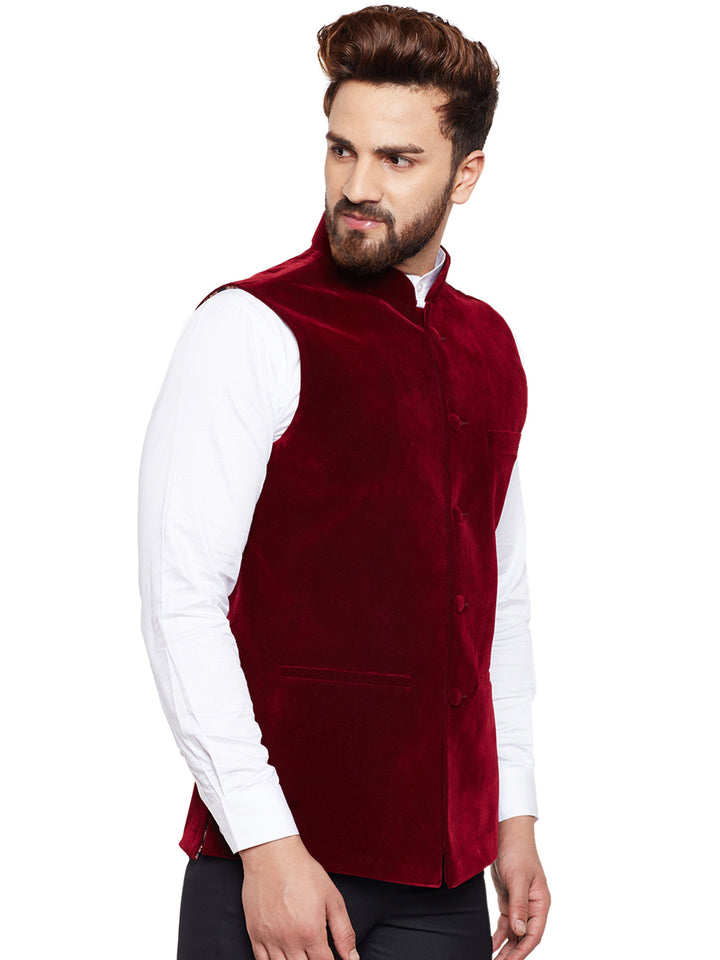 Men Maroon Solid Velvet Slim Fit Party Wear Nehru Jacket