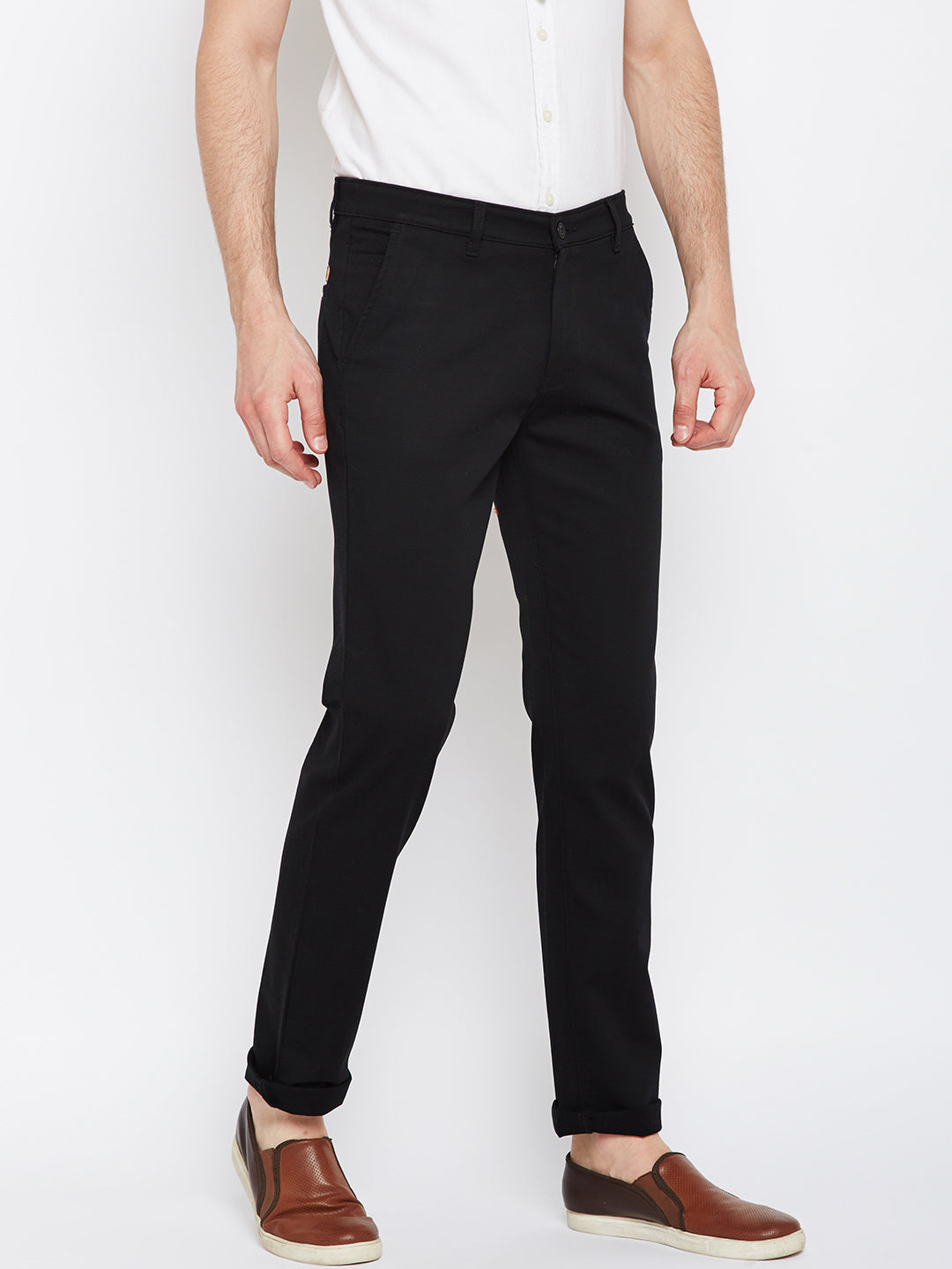 Men Black Solid Dobby Cotton Stretch Casual Trouser