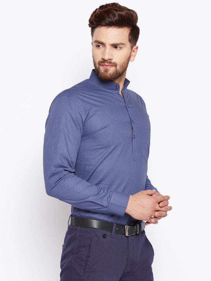 Men Mandarin Collar Printed Grey Half Placket Pure Cotton Henley Formal Shirt