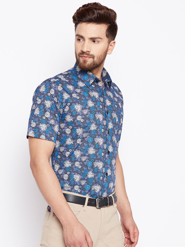 Men Floral Printed Blue Half Sleeve Pure Cotton Slim Fit Formal Shirt