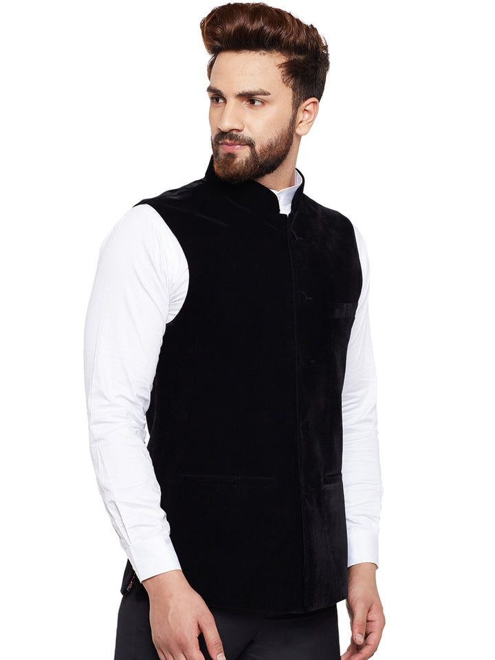 Men Black Solid Velvet Slim Fit Party Wear Nehru Jacket
