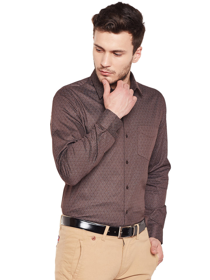 Men Brown Printed Pure Cotton Slim Fit Formal Shirt