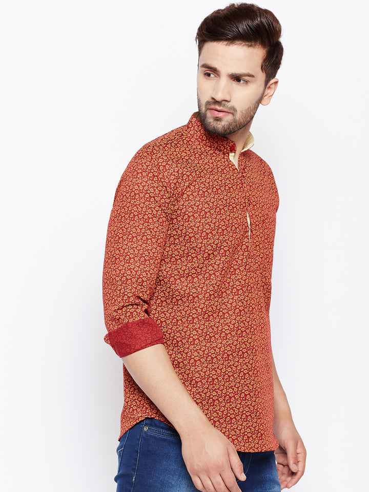Men Red Linen Cotton Printed Slim Fit Kurta Formal Shirt