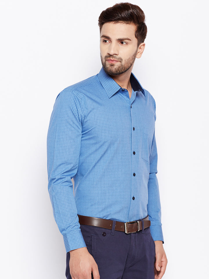 Men Turquoise Blue Checked Slim Fit Pure Cotton Formal Shirt