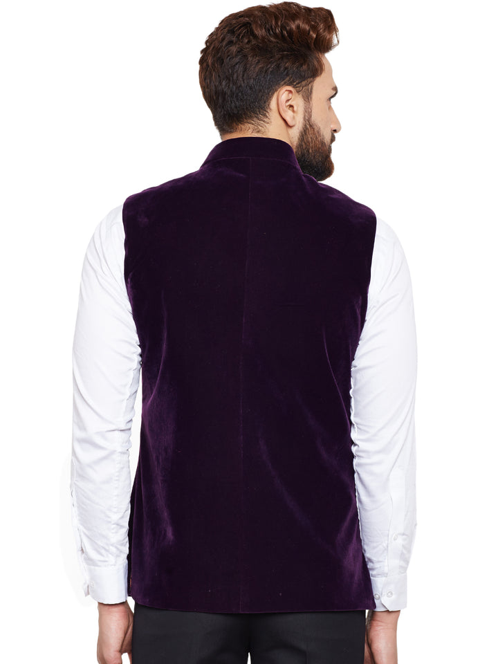 Men Wine Solid Velvet Slim Fit Party Wear Nehru Jacket
