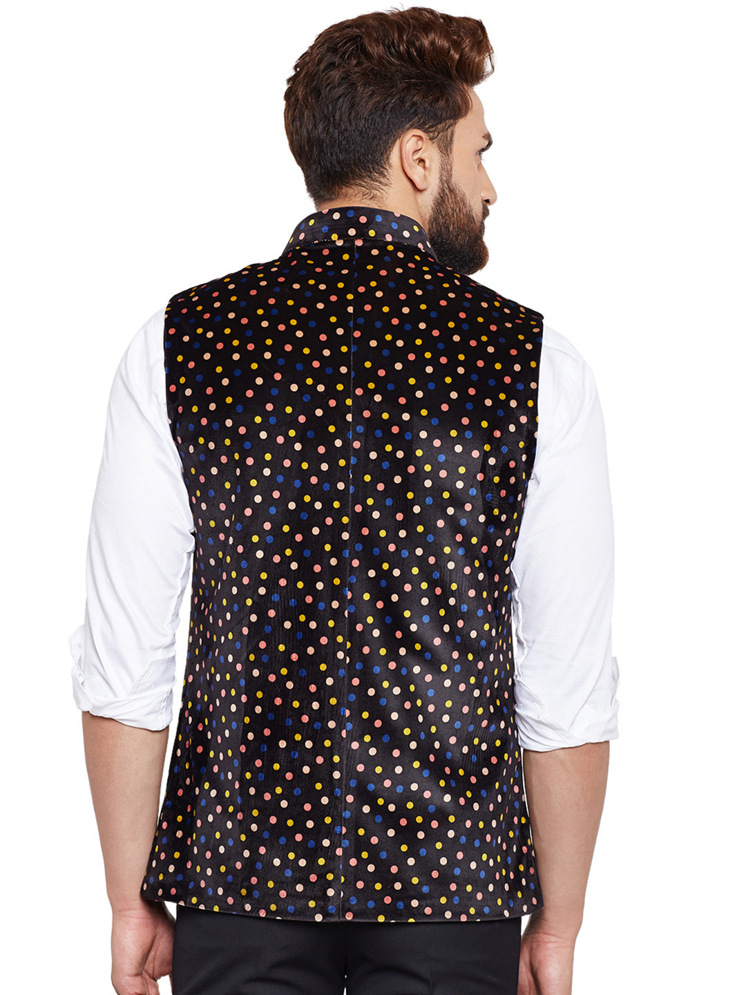 Men Black Printed Velvet Slim Fit Party Wear Nehru Jacket