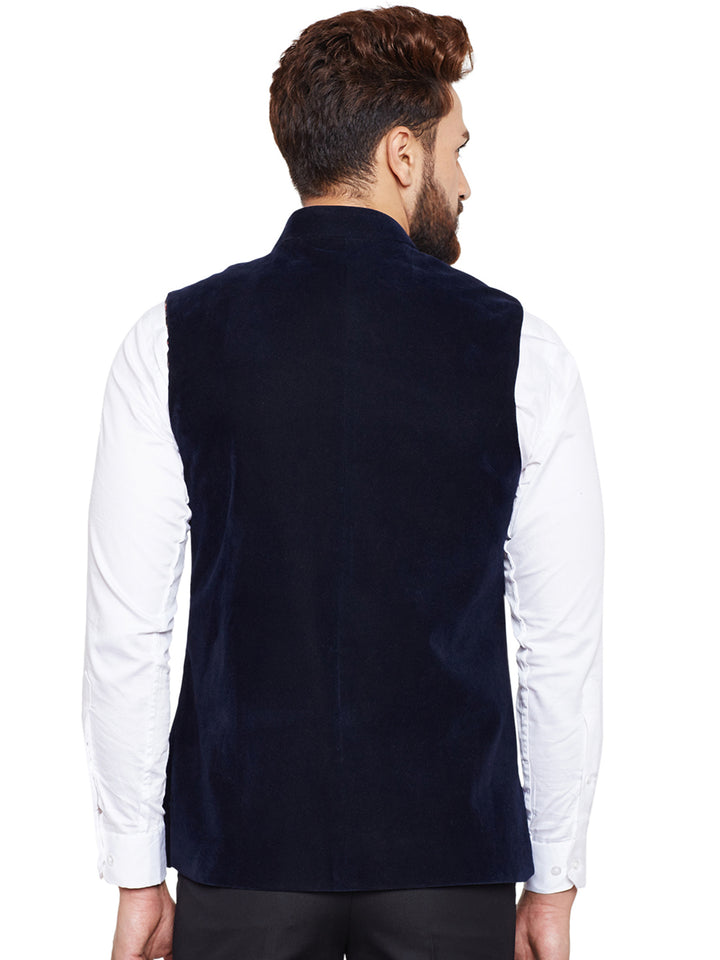 Men Navy Solid Velvet Slim Fit Party Wear Nehru Jacket