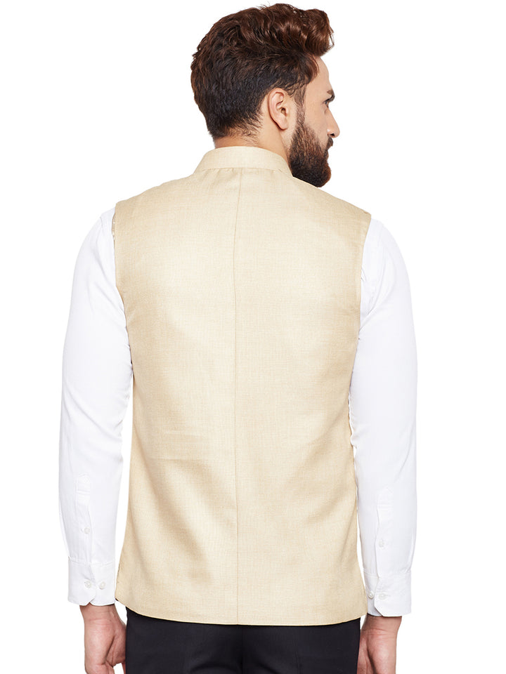 Men Beige Solid Slim Fit Formal Nehru Jacket