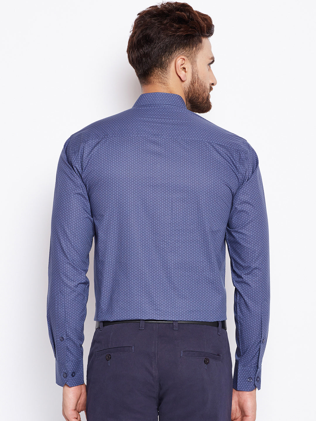 Men Mandarin Collar Printed Grey Half Placket Pure Cotton Henley Formal Shirt
