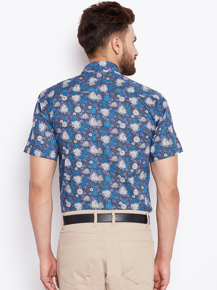 Men Floral Printed Blue Half Sleeve Pure Cotton Slim Fit Formal Shirt