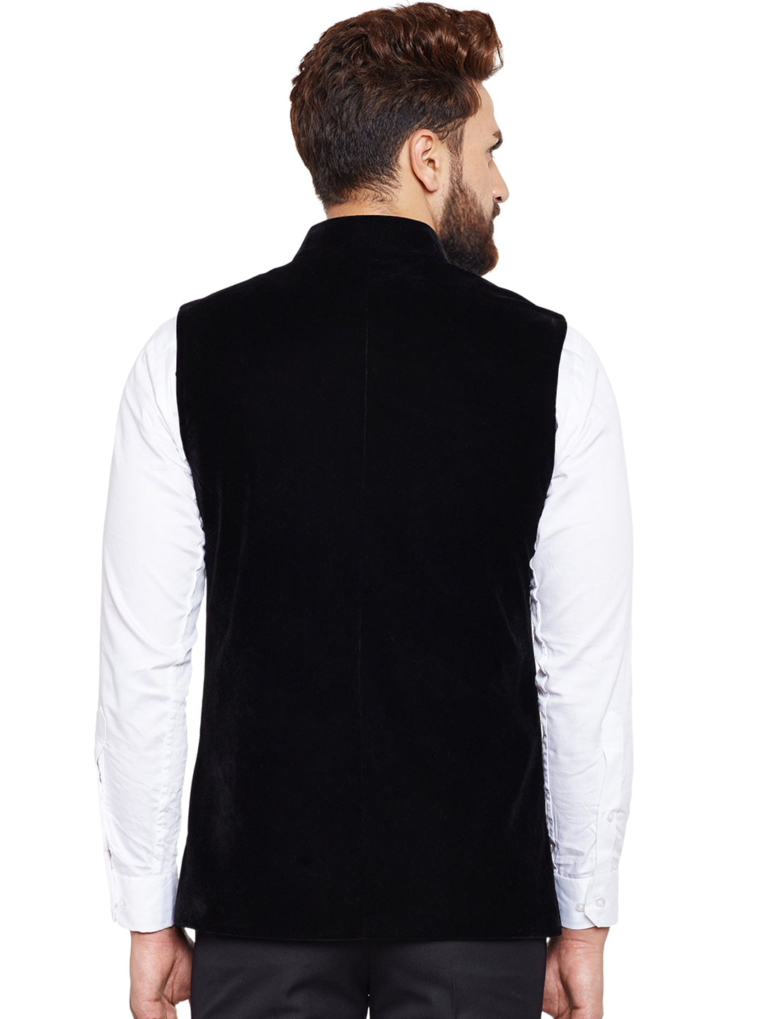 Men Black Solid Velvet Slim Fit Party Wear Nehru Jacket